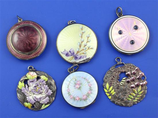 Three 20th century silver and guilloche enamel pendant lockets, a similar small compact and two Chinese silver & enamel pendants,